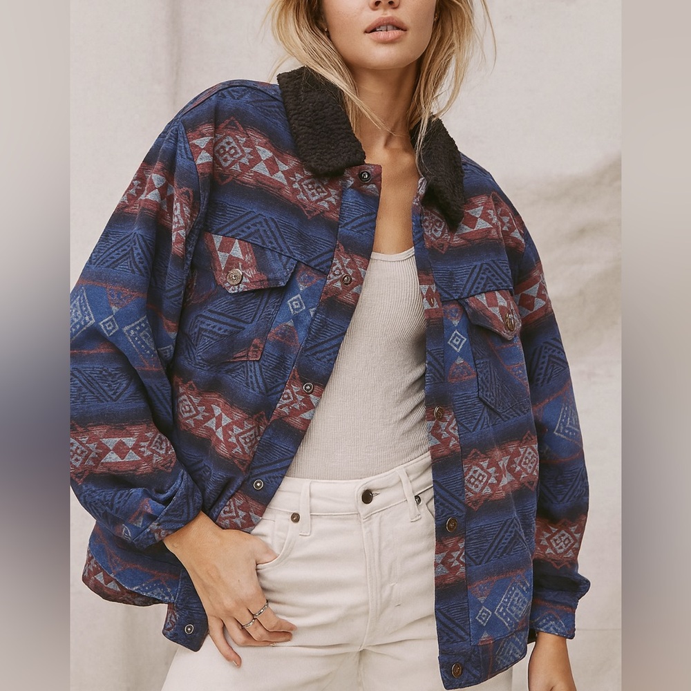 Lucky Brand Western Aztec Print Sherpa Lined Trucker Jacket Pendleton Stlye